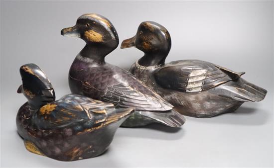 Three painted wood decoy ducks with glass inset eyes, one incised mark C. H., largest 29cm long
